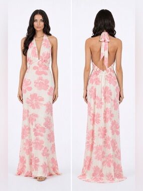 Persaya Pink Floral Backless Halter Maxi Dress